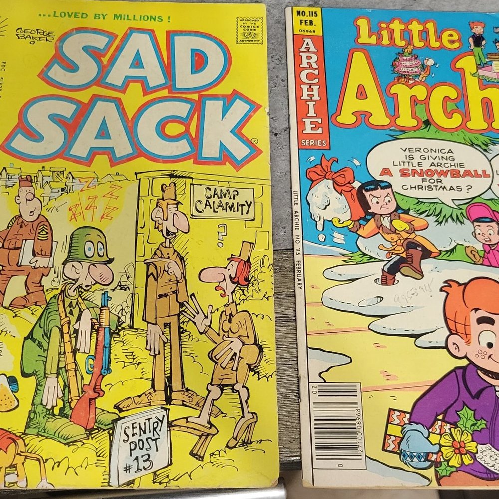 2 Vintage Comics Little Archie 1977 Sad Sack 1973 worn Old Comic Book Funny